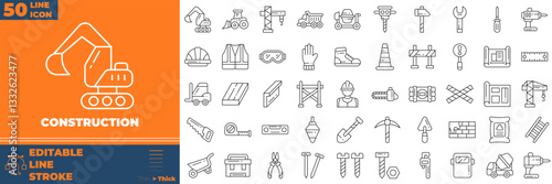 Construction Line Editable Icons set. Vector illustration in modern thin line style of construction icons: Construct, worker, tools, machines, oil, etc