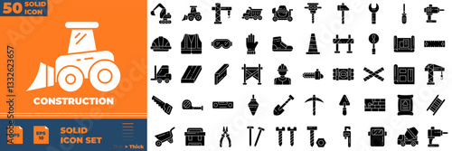 Construction Solid Editable Icons set. Vector illustration in modern thin solid style of construction icons: Construct, worker, tools, machines, oil, etc