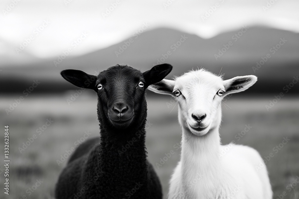 Black and white sheep portrait in a field. Black and white sheep portrait in a field.