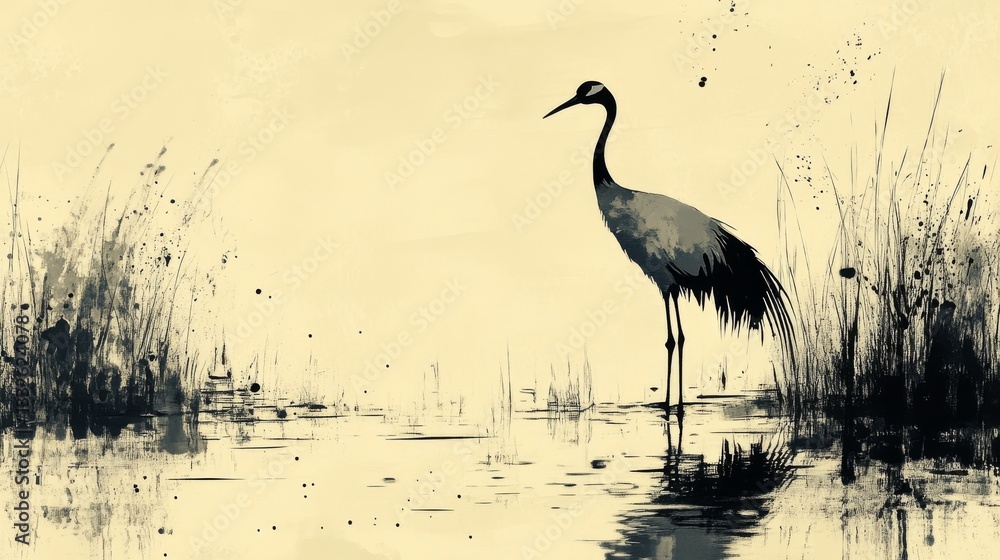 Fototapeta premium Illustration of a crane standing in water surrounded by tall grass and plant life. 