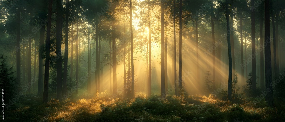 Naklejka premium Tranquil forest scene with soft morning light