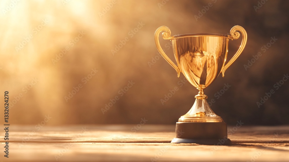 Shiny trophy on a wooden surface, symbolizing victory and achievement, illuminated by soft warm light, copy-space available. Shiny trophy on a wooden surface, symbolizing victory and achievement, illuminated by soft warm light, copy-space available.