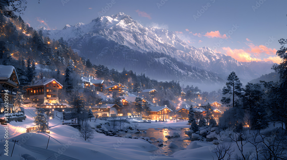 Fototapeta premium Serene winter village nestled in snowy mountains at dusk, with warm lights glowing in homes