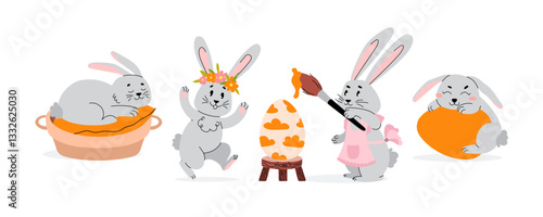 Set of cute Easter bunnies in doodle style. Hand-drawn collection character in various poses. Rabbit paints Easter eggs, sleeps, runs, plays. Vector illustration.