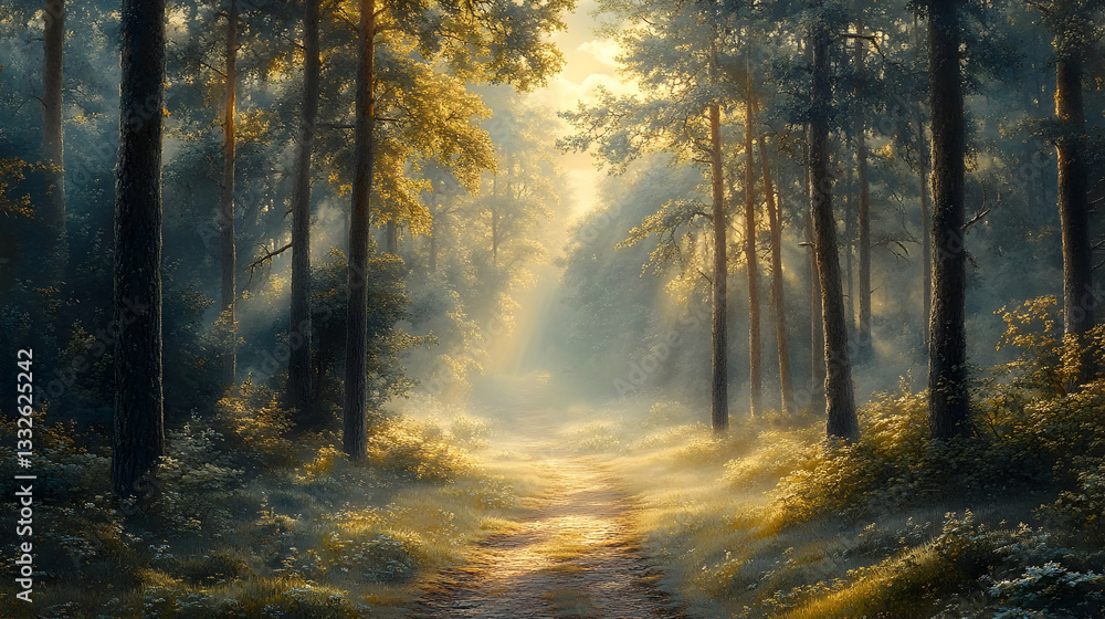 A peaceful forest pathway with soft mist and warm sunlight A peaceful forest pathway with soft mist and warm sunlight