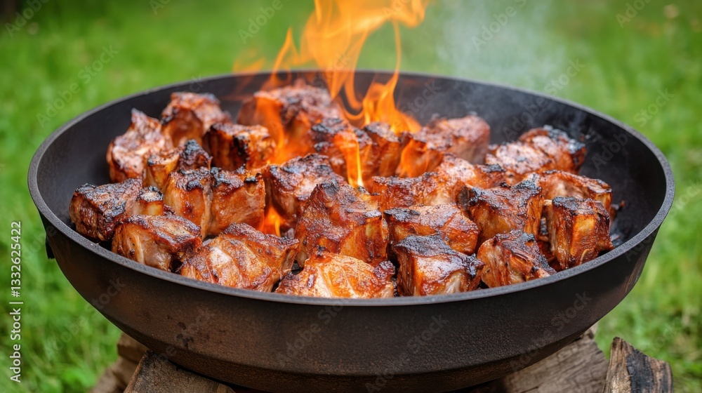 A rustic outdoor smoke pit filled with whole lambs being slow-cooked over smoldering wood A rustic outdoor smoke pit filled with whole lambs being slow-cooked over smoldering wood