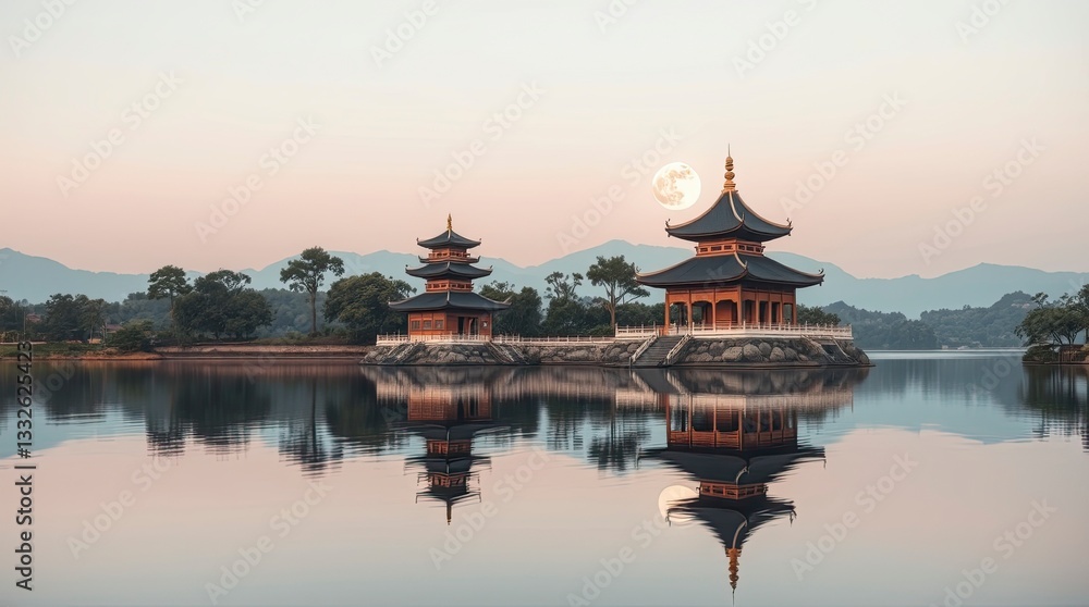 Serene Asian Temples on Calm Lake Under Full Moon Serene Asian Temples on Calm Lake Under Full Moon