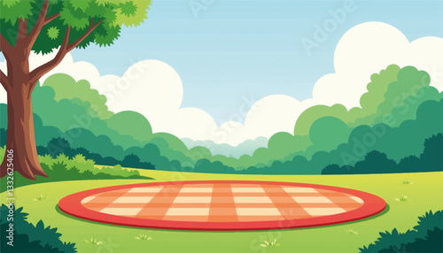 Vibrant picnic blanket in serene park setting, outdoor leisure
