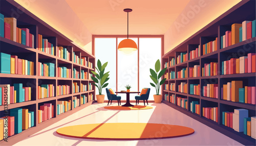 Contemporary library interior showcasing vibrant books and lighting, calm atmosphere
