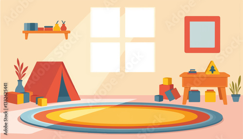 Colorful children's playroom with geometric shapes and natural light, creativity