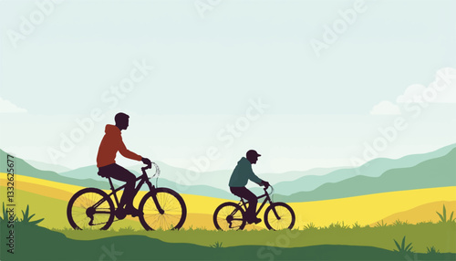 Single parent and child riding bicycles in countryside, family bonding