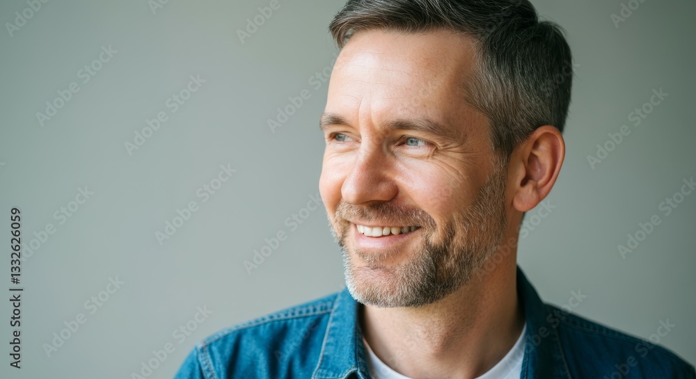 Fototapeta premium Caucasian male adult smiling in casual denim shirt looking to the side