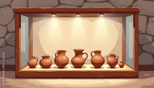 Ancient pottery display case with spotlighting, historical significance