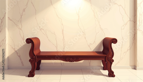 Vintage wooden museum bench against marble wall, elegant display
