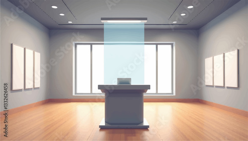 Modern museum information kiosk in sleek gallery space, innovative design