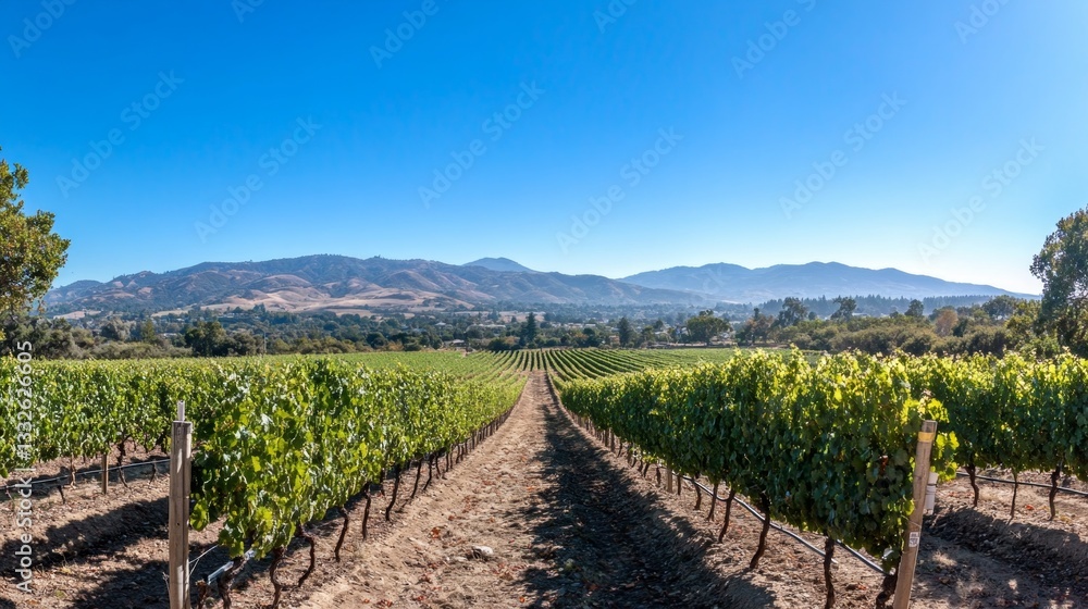 Obraz premium Harvest season vineyard panorama wine country gigapixel image scenic landscape elevated view bountiful grapes