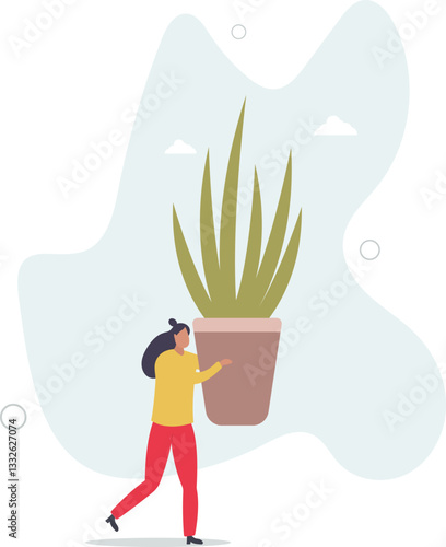 active elderly woman with hobby.caring for home decorative plants.flat character life .