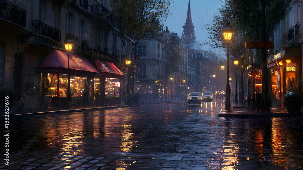 Fototapeta premium Rainy Evening on a Deserted Paris Street with City Lights