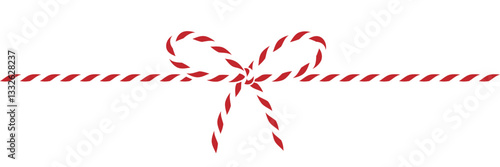 Isolated on transparent background сotton red rope bakers twine bow and ribbons for gift. Horizontal banner. Negative space. Packing string for decoration present for Christmas, birthday. Vector EPS10
