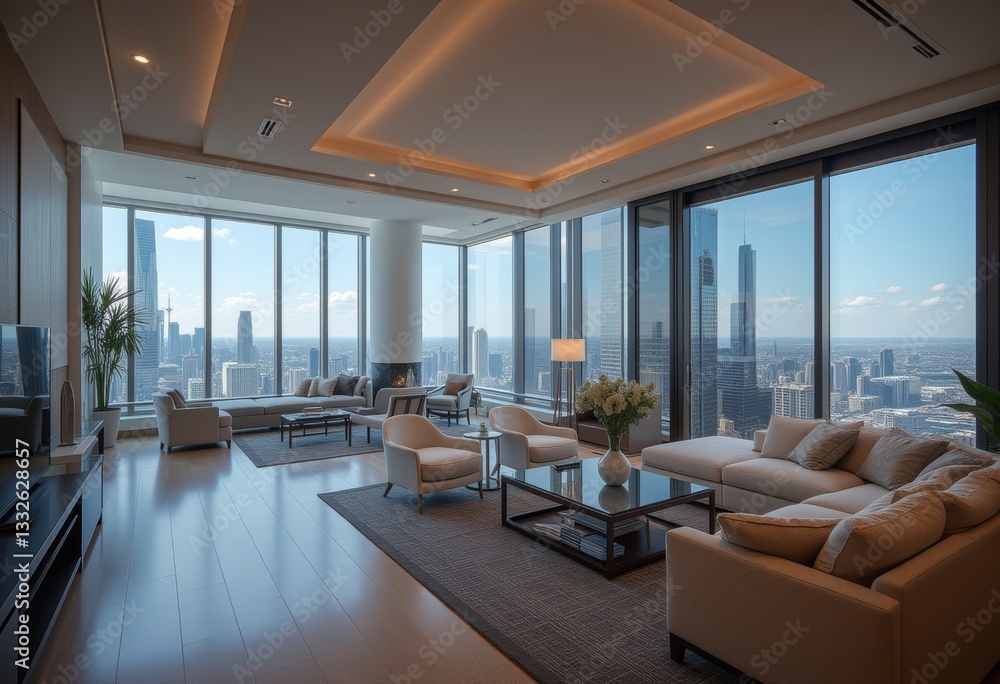 Penthouse living room with expansive windows and a city view showcasing a luxurious urban lifestyle Penthouse living room with expansive windows and a city view showcasing a luxurious urban lifestyle