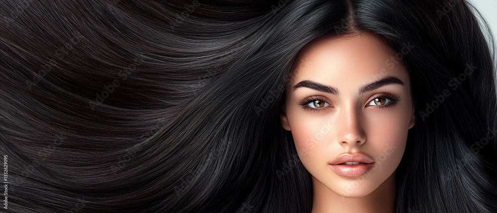 Obraz premium Woman Portrait with Straight Jet-Black Hair on a Crisp White Backdrop. Copy space. Generative AI