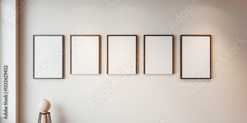 Modern minimalist interior design featuring five blank picture frames on a neutral wall