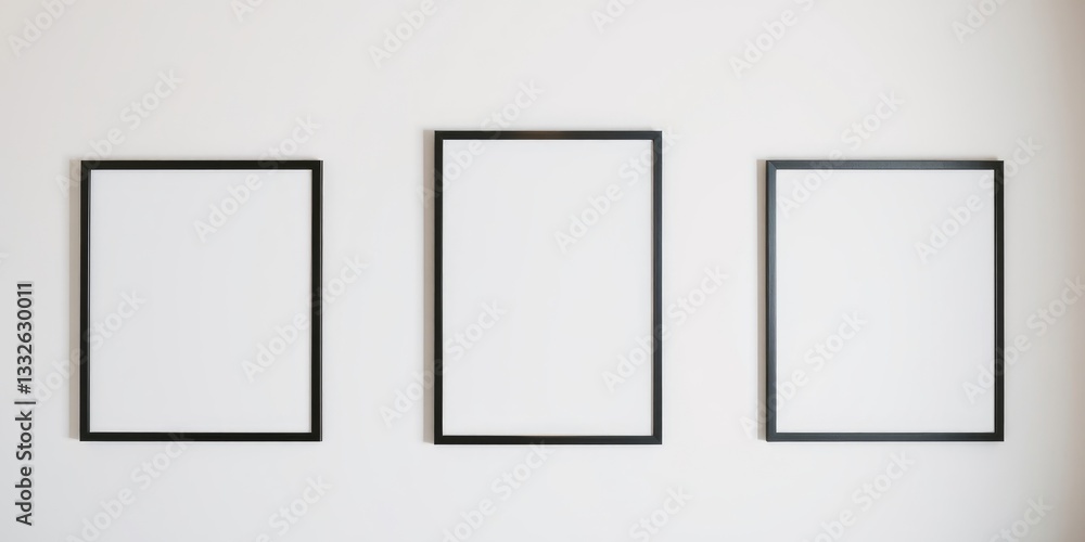 Three simple black frames on a white wall, ideal for minimalist interior design or mockups Three simple black frames on a white wall, ideal for minimalist interior design or mockups