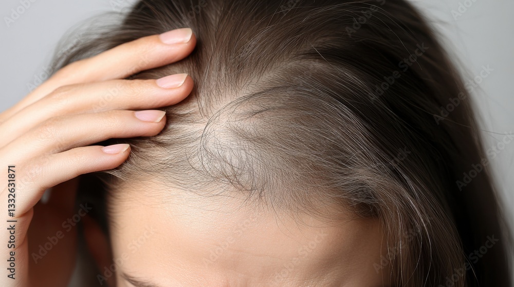 Obraz premium A woman gently touching her thinning hairline with a concerned lookA woman gently touching her thinning hairline with a concerned look