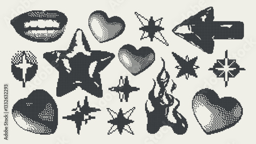 Grunge pixel sticker set. Retro futuristic graphic in a retro 8-bit game style. Hearts, Stars, Fire, Arrow. Collage for t-shirt print, poster, package, invitations.	