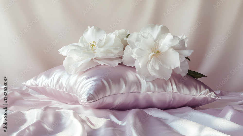 A surreal composition of fluffy satin pillows, gracefully levitating and decorated with large, delicate camellias and orchids A surreal composition of fluffy satin pillows, gracefully levitating and decorated with large, delicate camellias and orchids