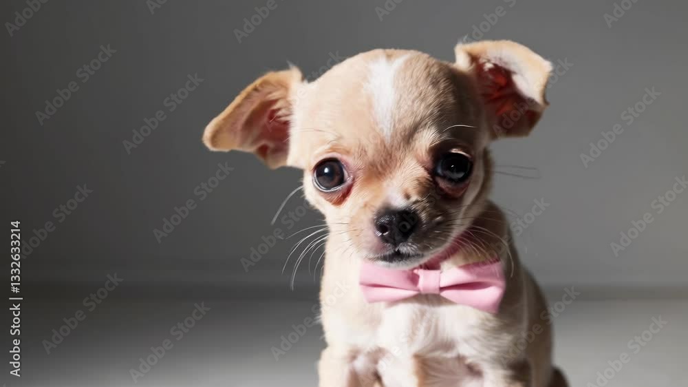 Tiny chihuahua puppy wearing soft pink bow tie sitting elegantly on neutral gray background, showcasing big innocent eyes and adorable facial expression during professional studio portrait session Tiny chihuahua puppy wearing soft pink bow tie sitting elegantly on neutral gray background, showcasing big innocent eyes and adorable facial expression during professional studio portrait session