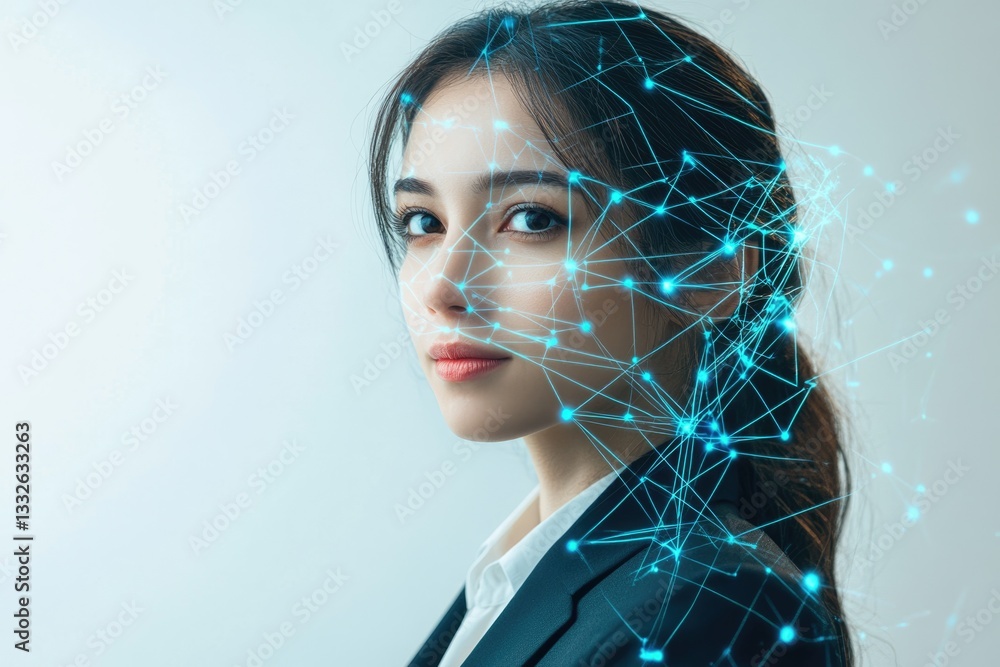 A woman's face is overlaid with a network of glowing lines, symbolizing digital identity and facial recognition technology. A woman's face is overlaid with a network of glowing lines, symbolizing digital identity and facial recognition technology.