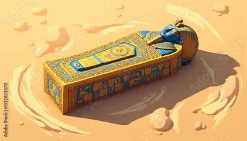 Ornate ancient Egyptian sarcophagus surrounded by sand, cultural significance