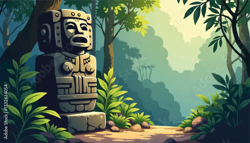 Intricately carved pre-Columbian stone idol in lush jungle, ancient culture
