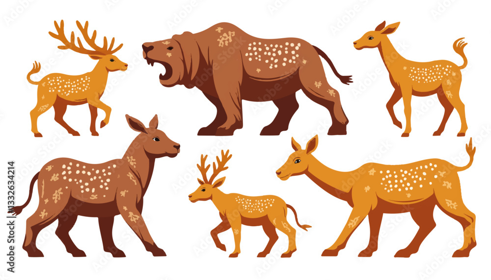 Obraz premium Geometric animal shapes in earthy tones, prehistoric cave art concept