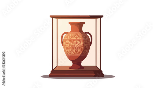 Ancient pottery vase displayed in museum case, cultural heritage