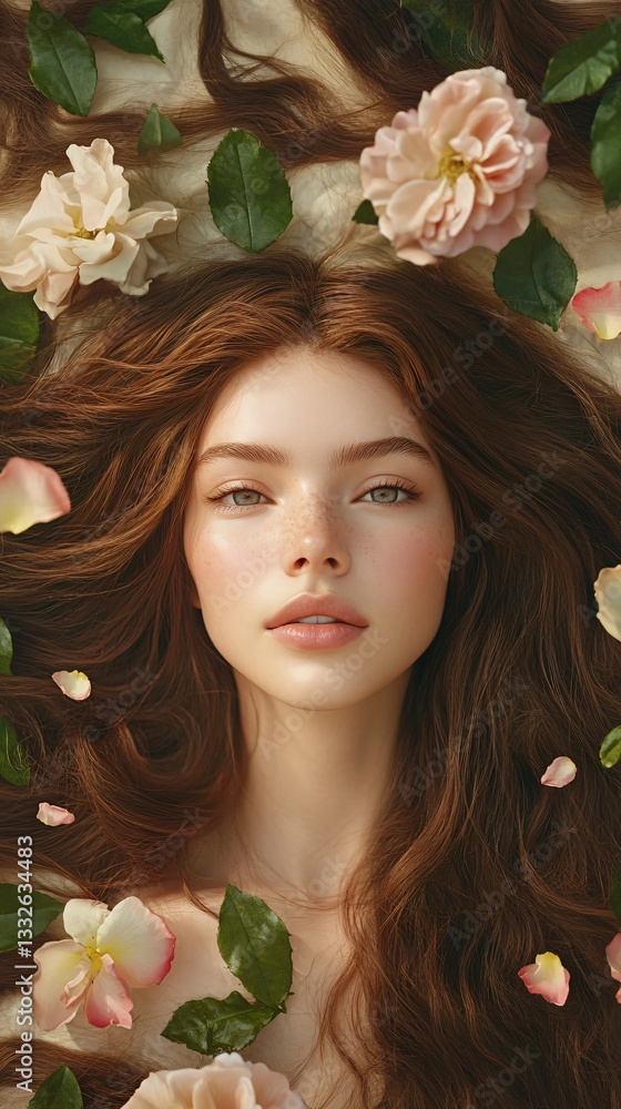 Naklejka premium Romantic Woman Portrait with Flowing Chestnut Wavy Hair Adorned with Rose Petals. Copy space. Generative AI
