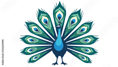 Elegant peacock displaying vibrant feathers on white background, beauty