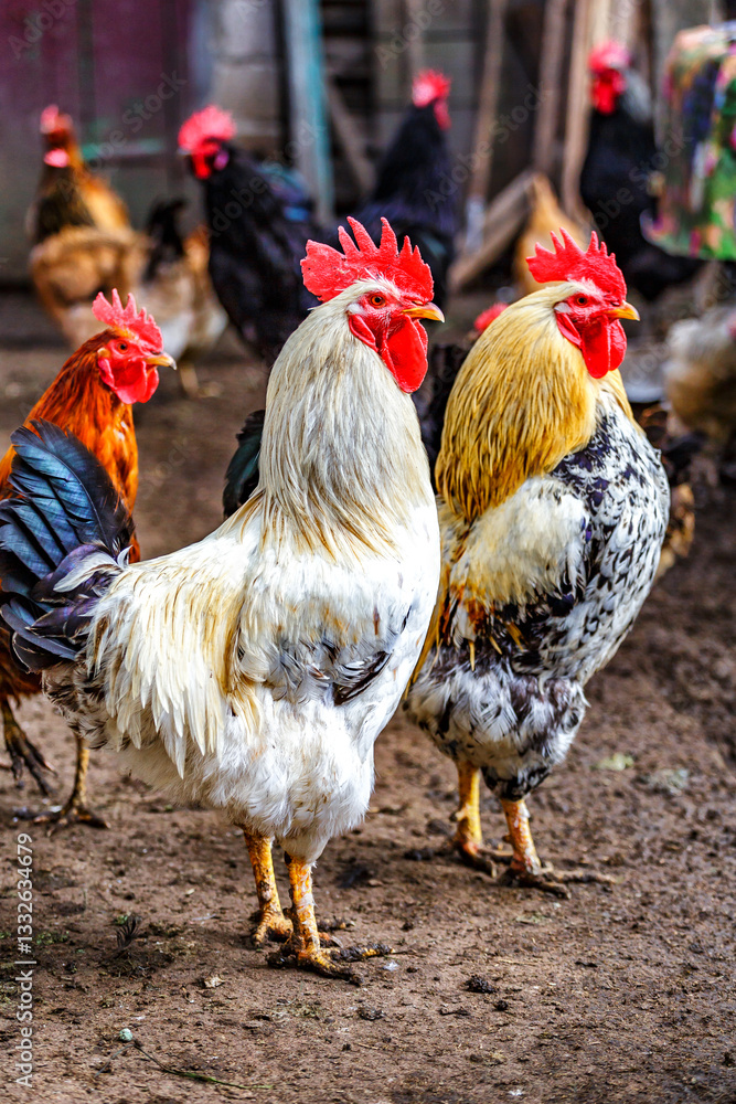 Fototapeta premium A colourful rooster with his chicken herd.Rooster and Chickens.Free range chicken on a traditional poultry farm.Breeding and keeping chickens in the countryside in the open air.
