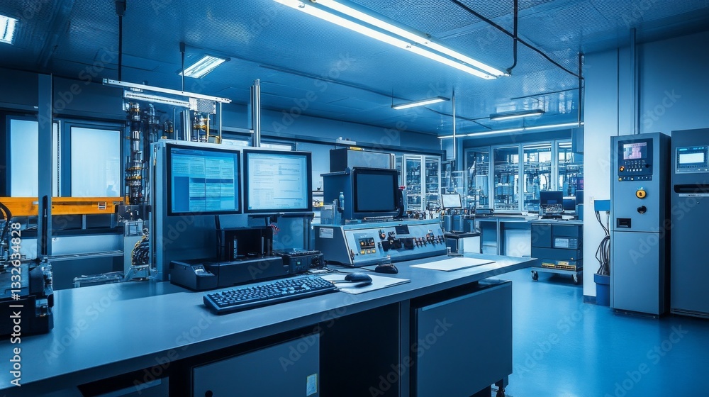 In a modern facility, workers at a quality control station assess the purity of rare metal samples using advanced testing equipment and software, ensuring strict standards In a modern facility, workers at a quality control station assess the purity of rare metal samples using advanced testing equipment and software, ensuring strict standards