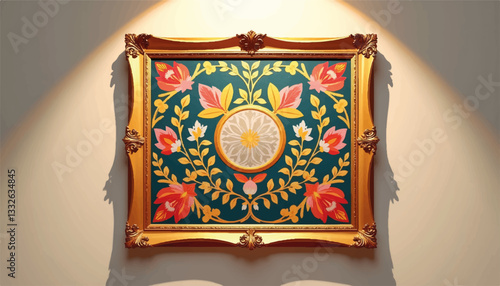 Vibrant floral artwork in gold frame, artistic elegance
