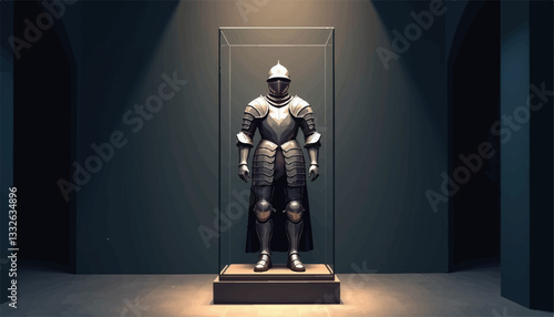 Medieval suit of armor displayed in minimalistic museum, historical symbolism