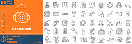 Firefighter Line Editable Icons set. Vector illustration in modern thin line style of firefighter icons: burning, flame, campfire, gas stove, etc