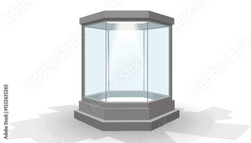 Minimalistic hexagonal glass display case design on pure white background, modern display