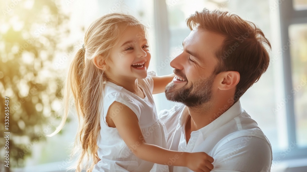 Happy dad holding his cute daughter with blonde hair smiling in a bright environment Happy dad holding his cute daughter with blonde hair smiling in a bright environment