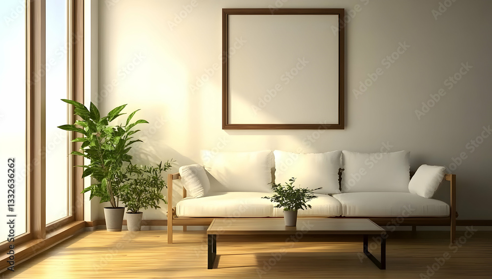 Fototapeta premium Simple minimalist living room with white walls, a sofa, wooden floor, and soft natural light