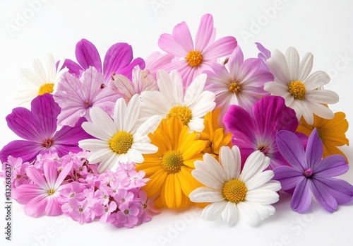 Colorful assortment of fresh spring flowers including daisies and cosmos in pink, purple, yellow, and white hues on a clean white background
