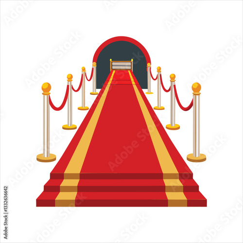 Red carpet for celebrity with gold rope barrier. Success, prestige and Hollywood event vector concept. Illustration of carpet red color for entrance Vip