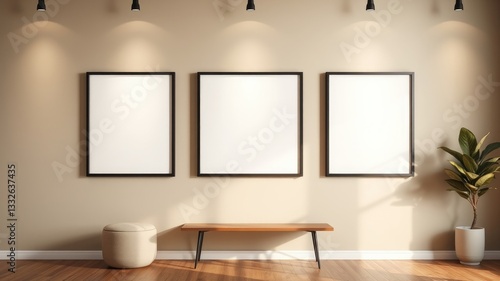 Minimalist interior design featuring three blank frames, a wooden bench, and a potted plant