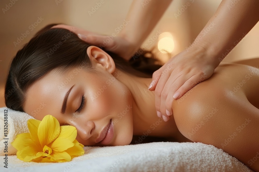 Enjoying tranquility during a soothing back massage at a serene spa retreat under soft ambient light Enjoying tranquility during a soothing back massage at a serene spa retreat under soft ambient light